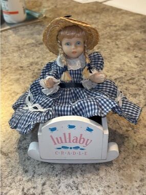 7" Miniature Vintage Porcelain Doll Blue Gingham Spring Dress Straw Hat & Cradle